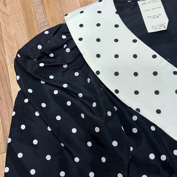 Vintage 80s Jazz Kids Black & White Polka Dot Dress Peplum Bow Puff Sleeve Size - Picture 3 of 12